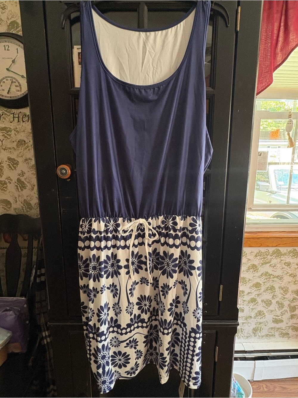 SHEIN Navy Sleeveless Floral Drawstring Midi Dress